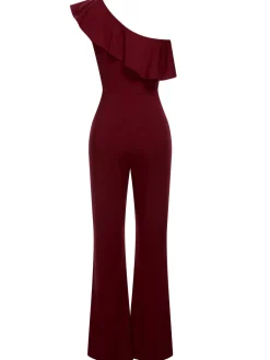 Fashion Retro Stage 1950s Solid One Shoulder Ruffled Jumpsuit