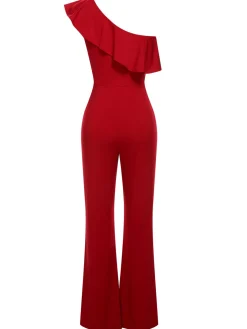 Fashion Retro Stage 1950s Solid One Shoulder Ruffled Jumpsuit