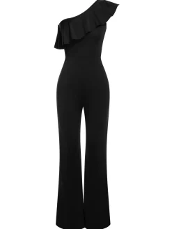 Fashion Retro Stage 1950s Solid One Shoulder Ruffled Jumpsuit