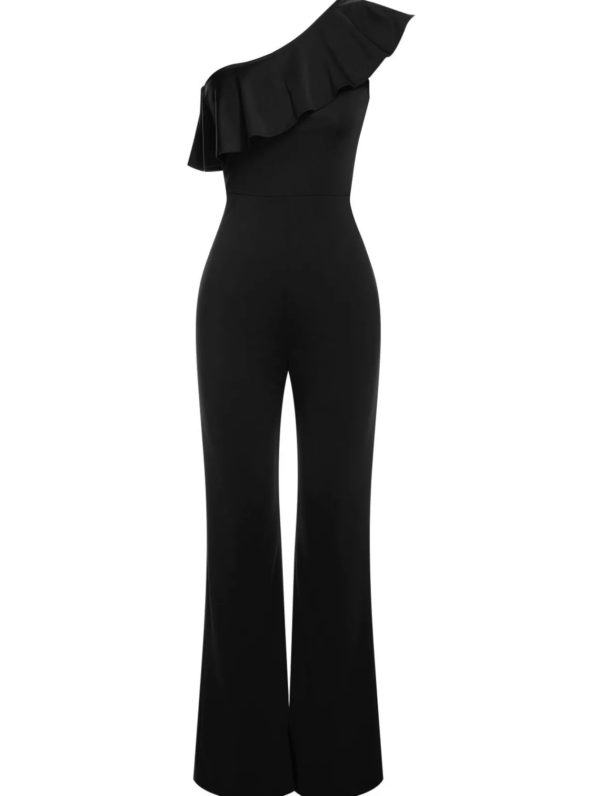 Fashion Retro Stage 1950s Solid One Shoulder Ruffled Jumpsuit
