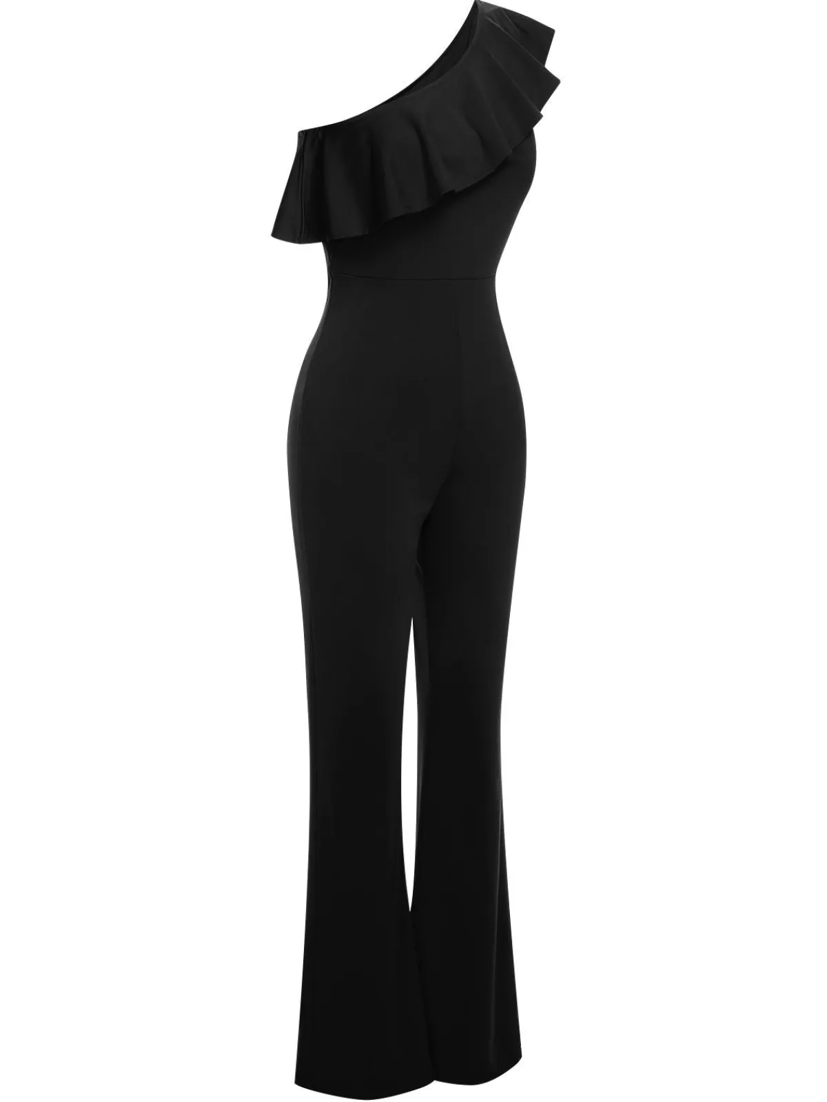 Fashion Retro Stage 1950s Solid One Shoulder Ruffled Jumpsuit
