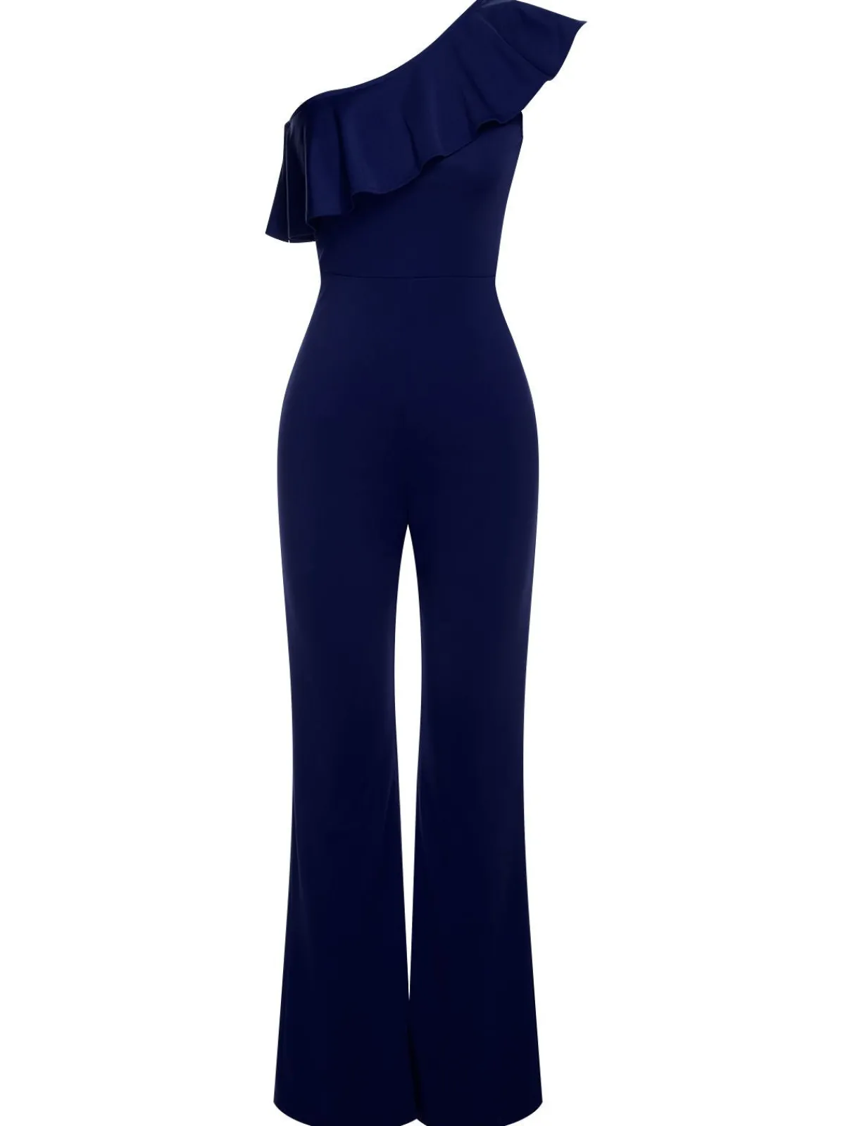 Fashion Retro Stage 1950s Solid One Shoulder Ruffled Jumpsuit