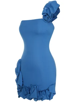 Fashion Retro Stage 1980s Solid One-Shoulder 3D Flower Mini Dress