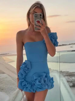 Fashion Retro Stage 1980s Solid One-Shoulder 3D Flower Mini Dress