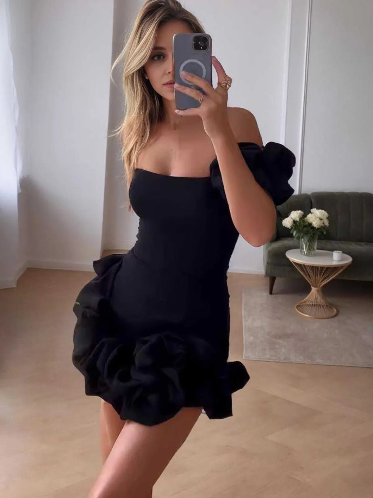 Fashion Retro Stage 1980s Solid One-Shoulder 3D Flower Mini Dress