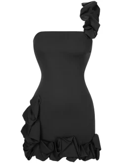 Fashion Retro Stage 1980s Solid One-Shoulder 3D Flower Mini Dress