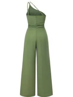 Fashion Retro Stage 1940s Solid One-Shoulder Suspender Loose Wide-Leg Jumpsuit