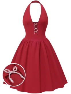 Sale Retro Stage 1950s Solid Pearl Bow Halter Dress