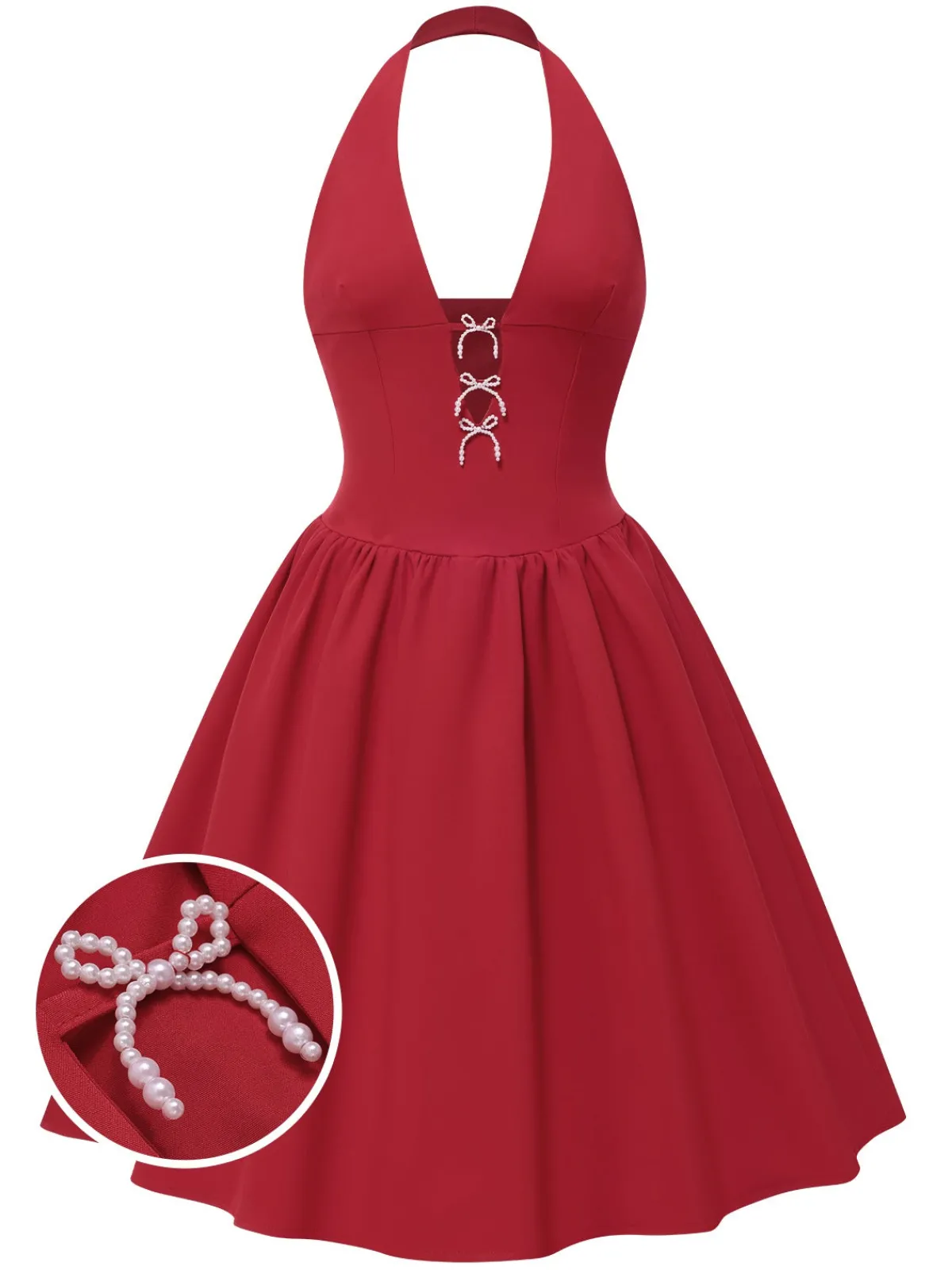 Sale Retro Stage 1950s Solid Pearl Bow Halter Dress