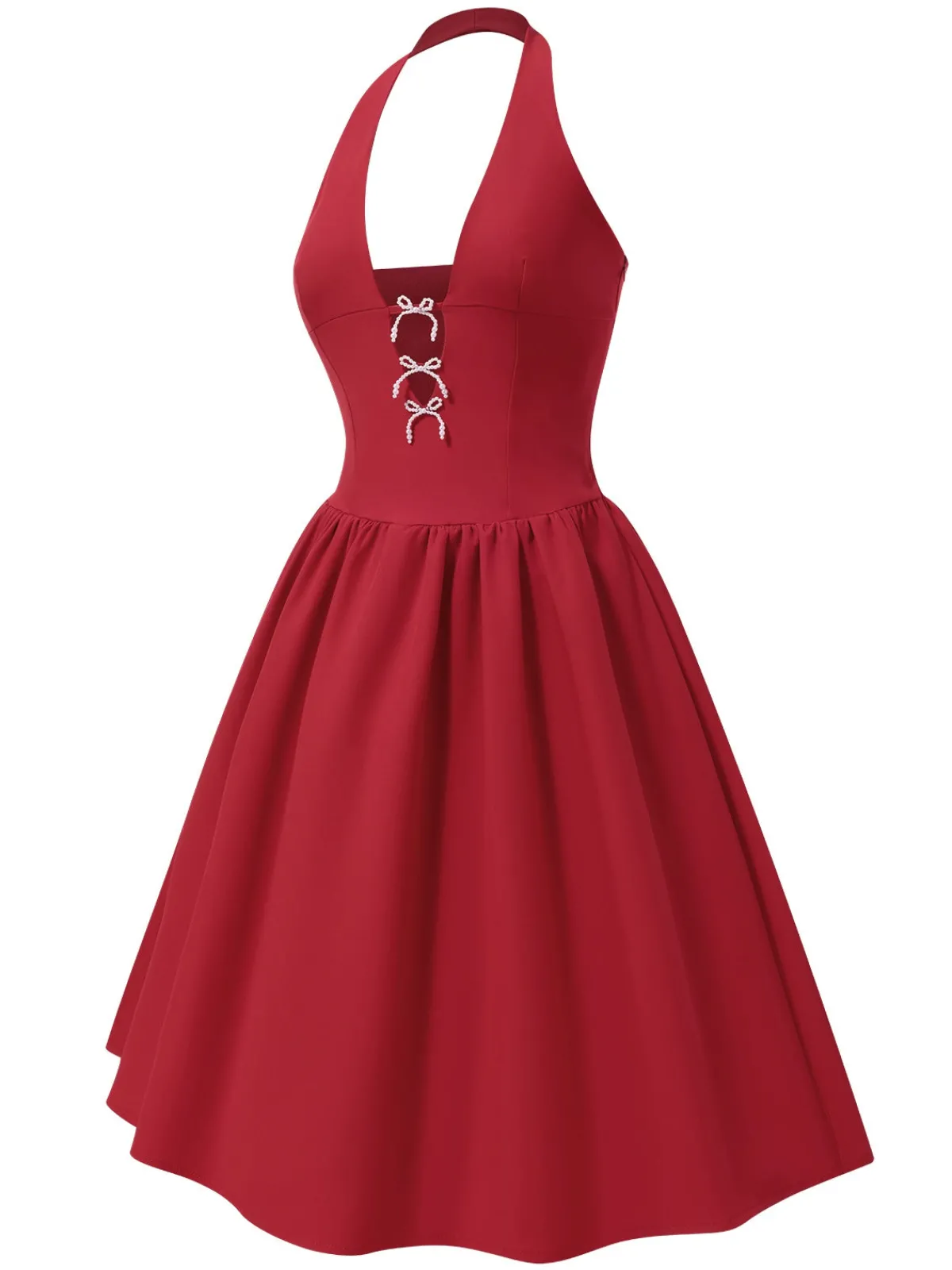 Sale Retro Stage 1950s Solid Pearl Bow Halter Dress