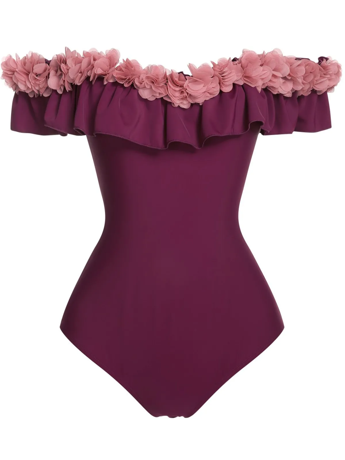 Best Retro Stage 1940s Solid Petal Patchwork One Shoulder Swimsuit