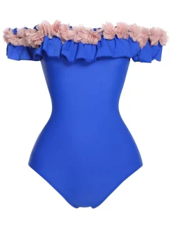 Best Retro Stage 1940s Solid Petal Patchwork One Shoulder Swimsuit