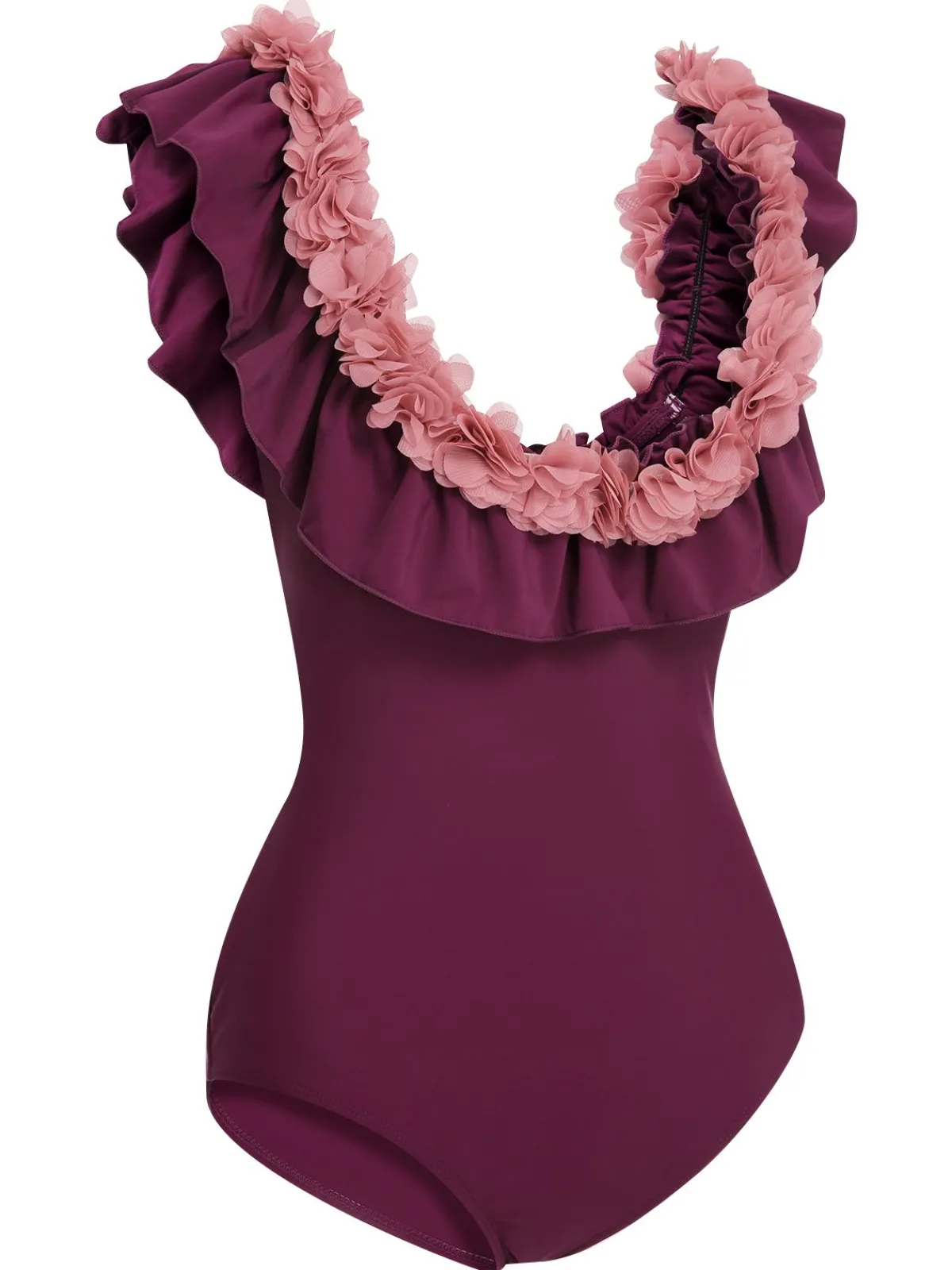 Best Retro Stage 1940s Solid Petal Patchwork One Shoulder Swimsuit