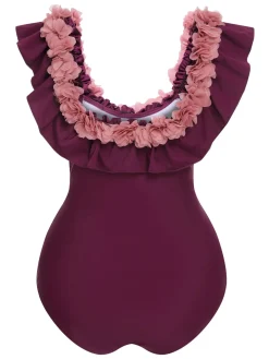 Best Retro Stage 1940s Solid Petal Patchwork One Shoulder Swimsuit