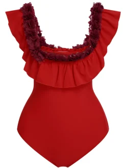 Best Retro Stage 1940s Solid Petal Patchwork One Shoulder Swimsuit