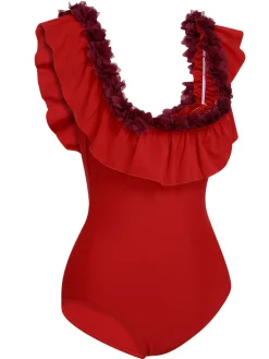 Best Retro Stage 1940s Solid Petal Patchwork One Shoulder Swimsuit