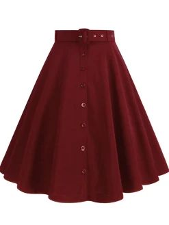 Outlet Retro Stage 1950s Solid Pleated Button Belted Skirt