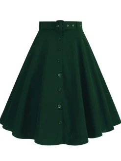 Outlet Retro Stage 1950s Solid Pleated Button Belted Skirt