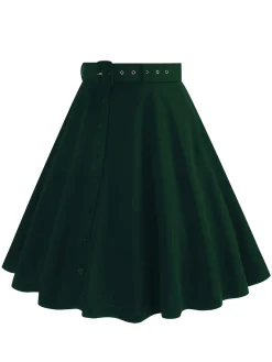 Outlet Retro Stage 1950s Solid Pleated Button Belted Skirt