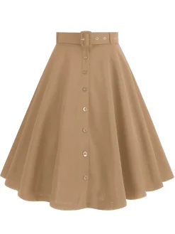 Outlet Retro Stage 1950s Solid Pleated Button Belted Skirt