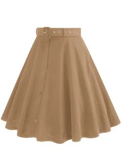 Outlet Retro Stage 1950s Solid Pleated Button Belted Skirt