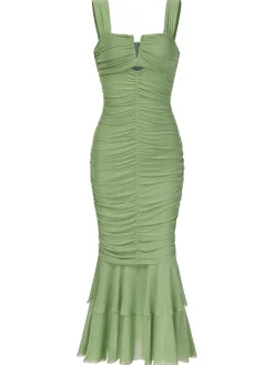 Discount Retro Stage 1930s Solid Pleated Wide Strap Fishtail Dress