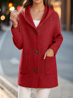 Clearance Retro Stage 1940s Solid Pockets Knitted Hooded Coat