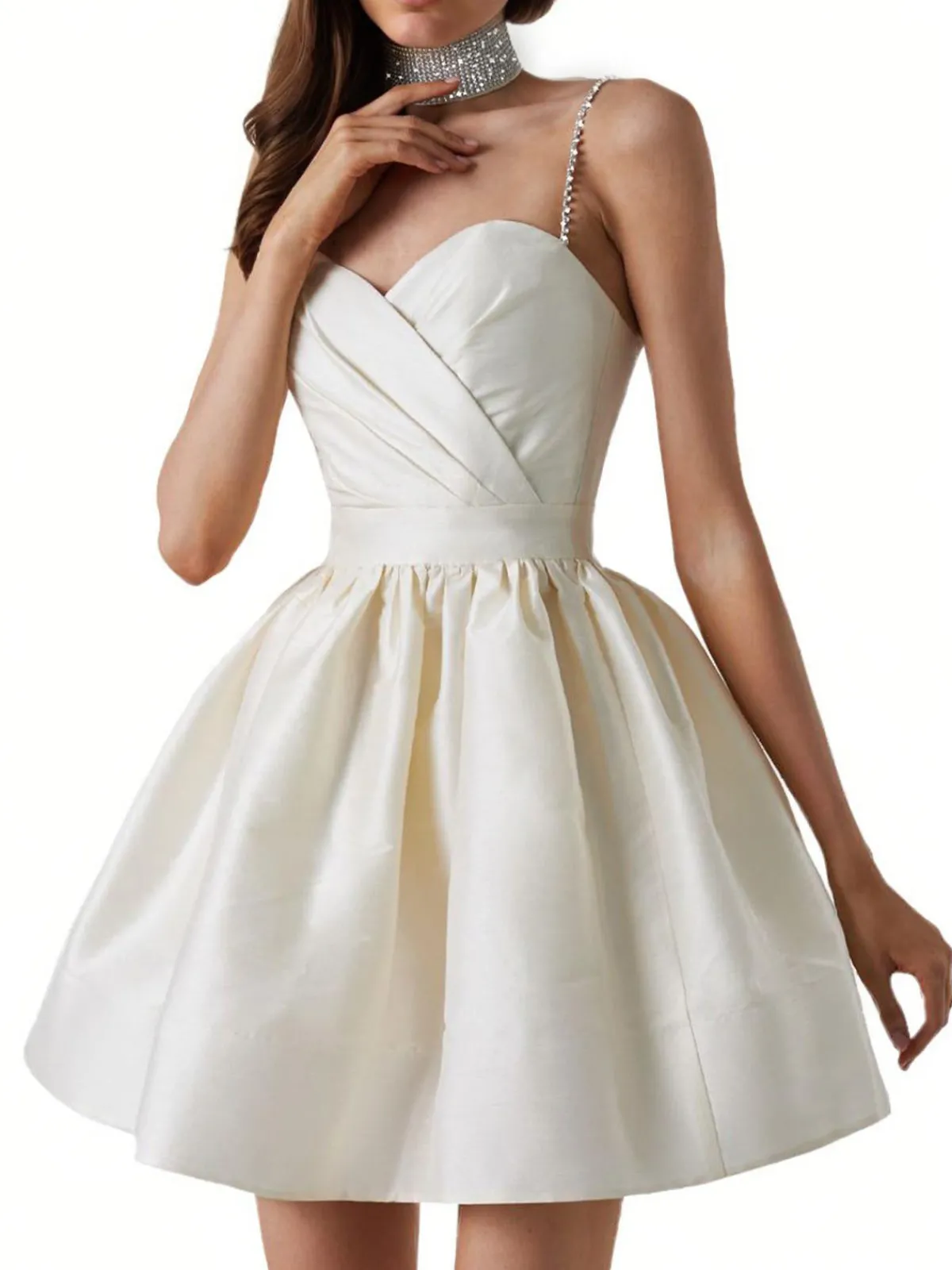 Best Retro Stage 1980s Solid Rhinestone Straps Puffy Dress