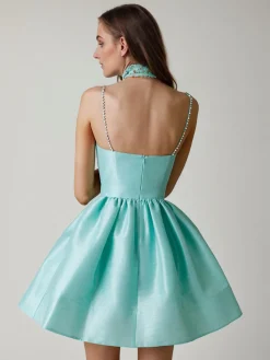 Best Retro Stage 1980s Solid Rhinestone Straps Puffy Dress