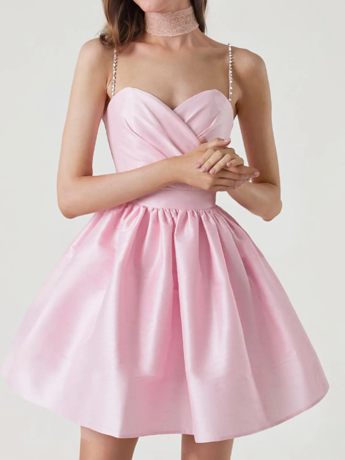 Best Retro Stage 1980s Solid Rhinestone Straps Puffy Dress