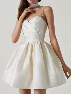 Best Retro Stage 1980s Solid Rhinestone Straps Puffy Dress