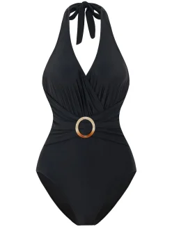 Discount Retro Stage 1960s Solid Ring Belt Halter Swimsuit