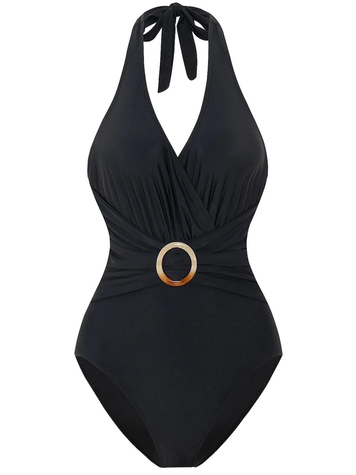 Discount Retro Stage 1960s Solid Ring Belt Halter Swimsuit