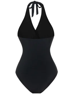 Discount Retro Stage 1960s Solid Ring Belt Halter Swimsuit
