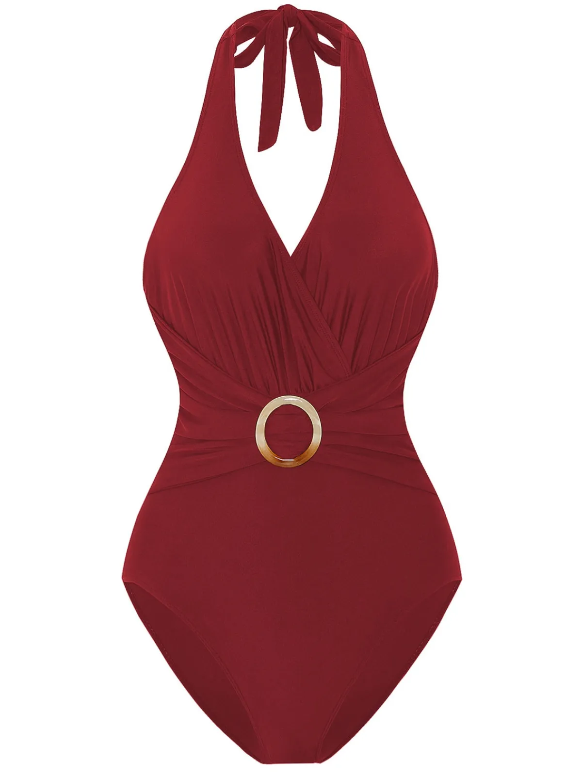 Discount Retro Stage 1960s Solid Ring Belt Halter Swimsuit