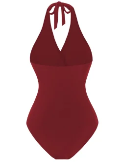 Discount Retro Stage 1960s Solid Ring Belt Halter Swimsuit