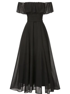 Fashion Retro Stage 1930s Solid Roll Collar Off Shoulder Slit Dress