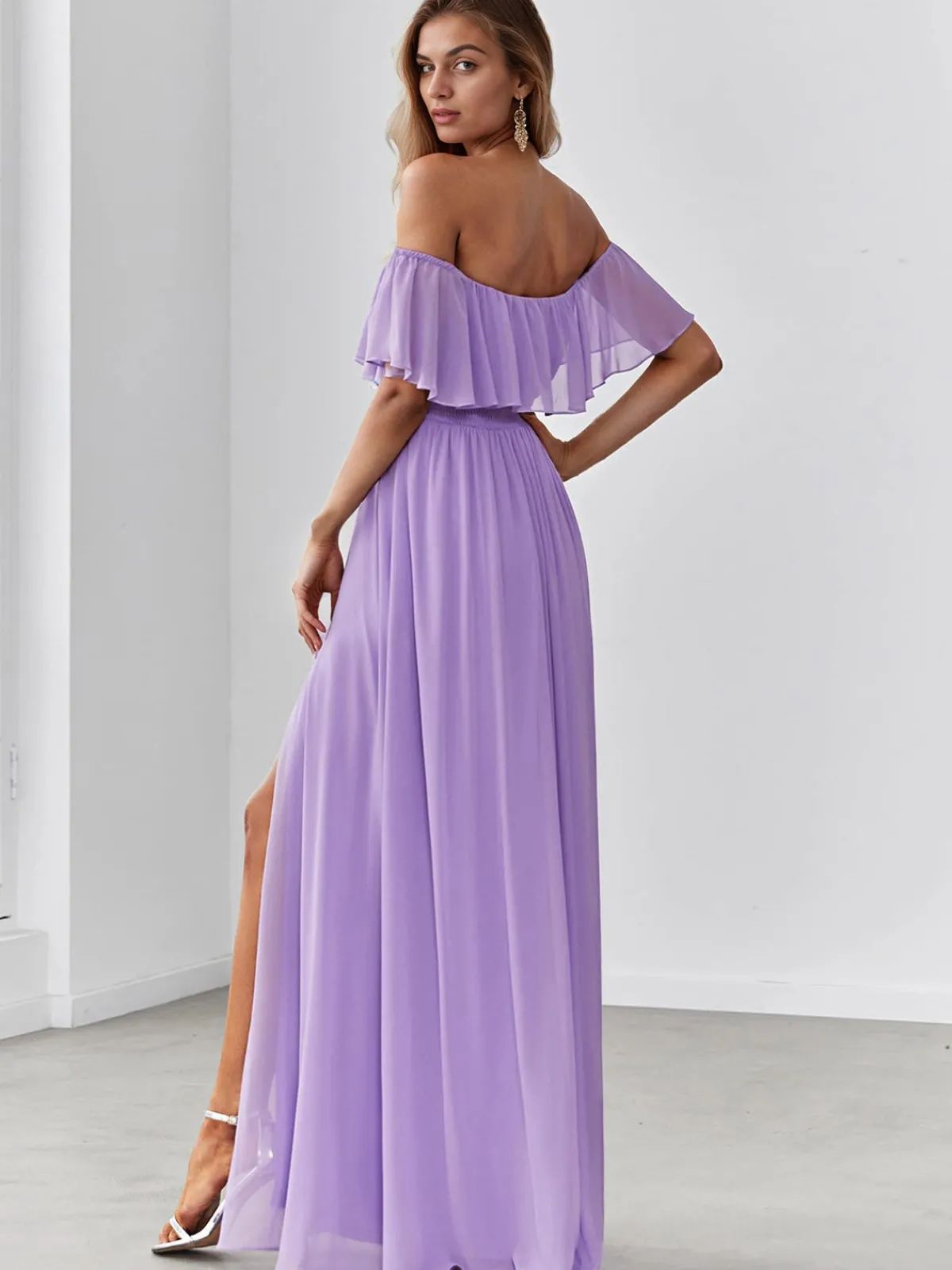 Fashion Retro Stage 1930s Solid Roll Collar Off Shoulder Slit Dress