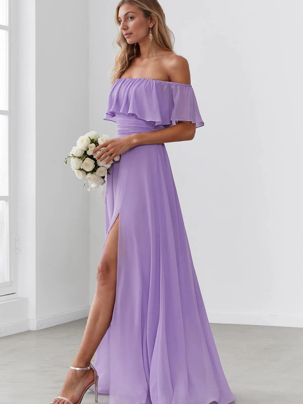 Fashion Retro Stage 1930s Solid Roll Collar Off Shoulder Slit Dress