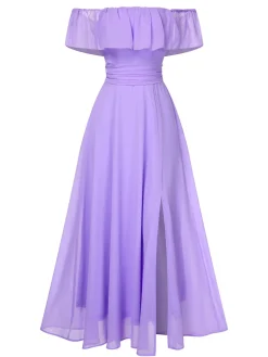 Fashion Retro Stage 1930s Solid Roll Collar Off Shoulder Slit Dress