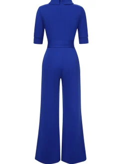 Best Retro Stage 1930s Solid Rolled Collar Belted Jumpsuit