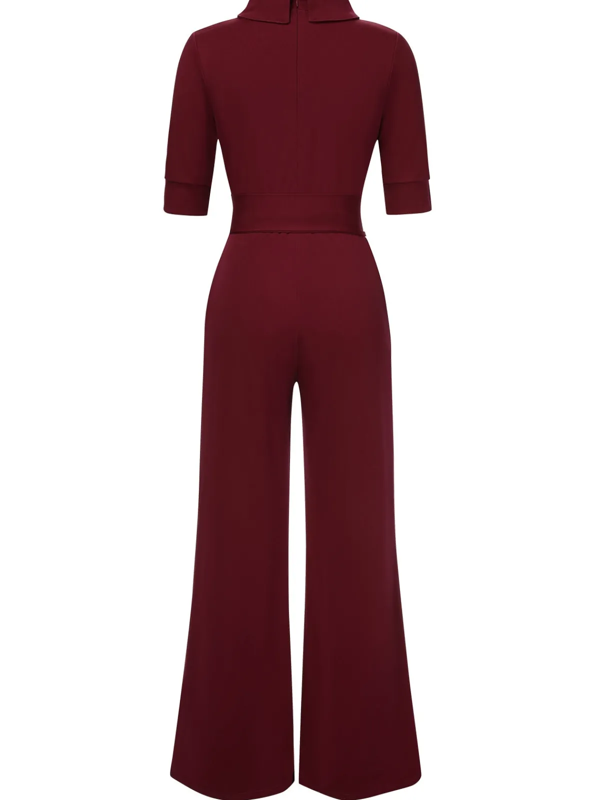 Best Retro Stage 1930s Solid Rolled Collar Belted Jumpsuit