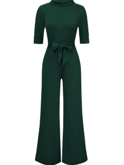 Best Retro Stage 1930s Solid Rolled Collar Belted Jumpsuit