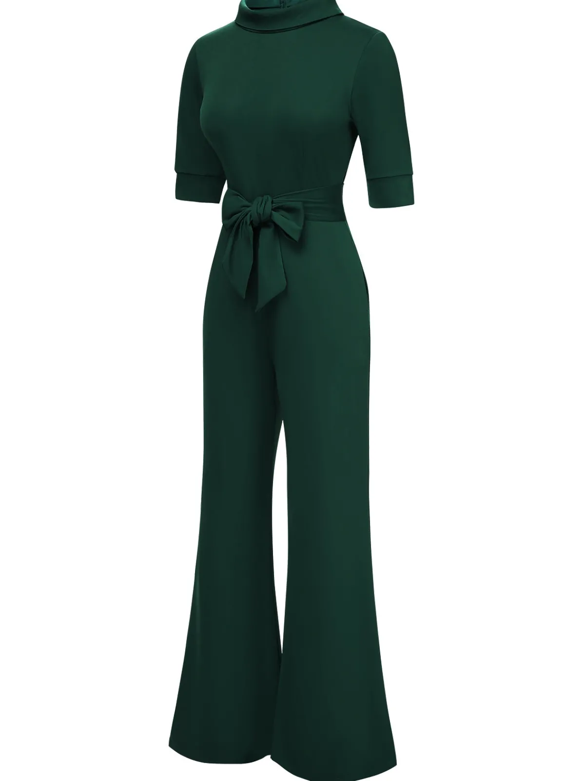 Best Retro Stage 1930s Solid Rolled Collar Belted Jumpsuit