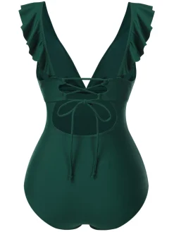 Fashion Retro Stage 1940s Solid Ruffle Collar Lace-Up Swimsuit