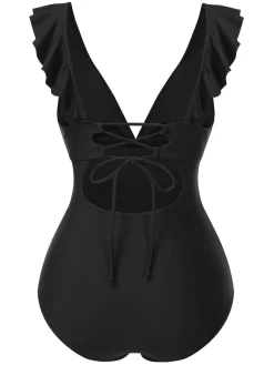 Fashion Retro Stage 1940s Solid Ruffle Collar Lace-Up Swimsuit