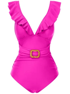 Fashion Retro Stage 1940s Solid Ruffle Collar Lace-Up Swimsuit