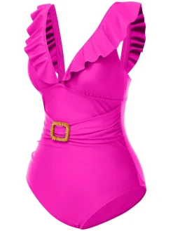 Fashion Retro Stage 1940s Solid Ruffle Collar Lace-Up Swimsuit