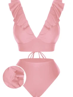 Hot Retro Stage 1950s Solid Ruffle Lace-Up V-Neck Swimsuit