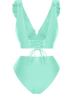 Hot Retro Stage 1950s Solid Ruffle Lace-Up V-Neck Swimsuit